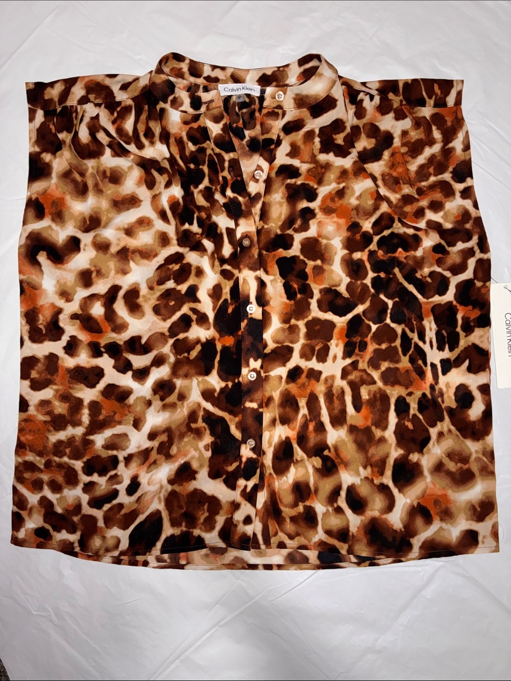 Animal Print Sleeveless Button-Up Blouse in Brown and Tan